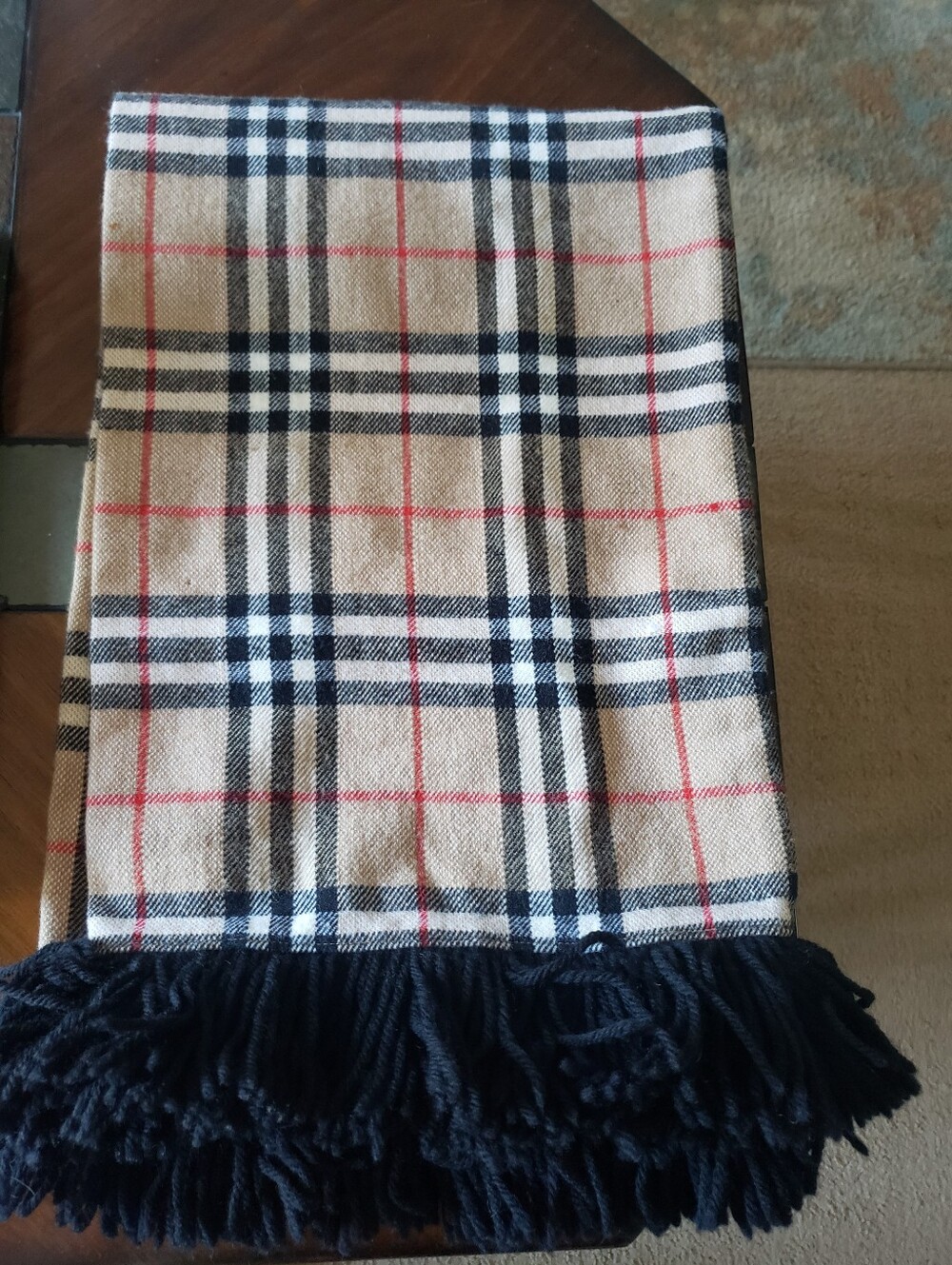 Classic Beige Plaid Fringe Scarf 60" X 11" Wool